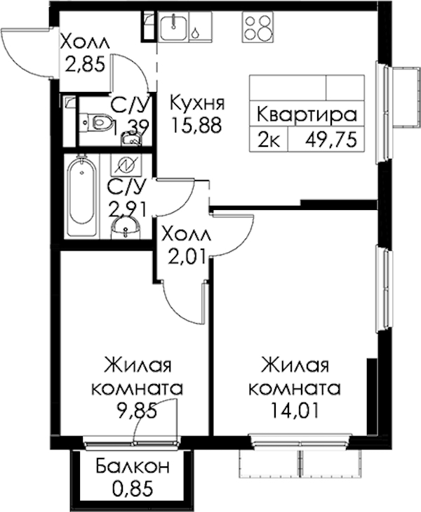 2-комнатная квартира 49.75 м², 3/15 эт., ЖК «Янинский лес»